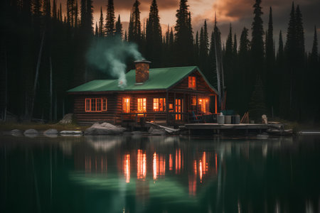 Old log cabin on the lake at sunset. 3D Renderingの素材