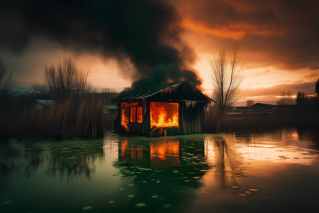 Burning house in the lake at sunset, 3d render.の素材