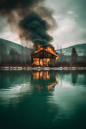 Abandoned wooden house by the lake with black smoke coming out of the chimneyの素材