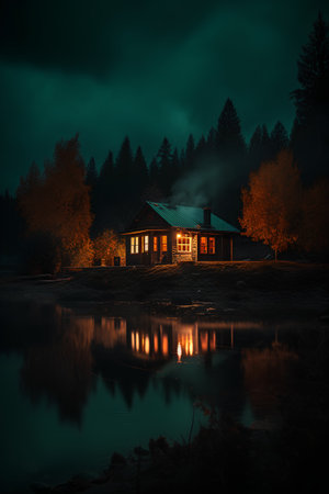 Wooden house on the shore of a lake in the forest at nightの素材
