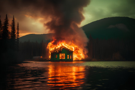 Burning house on the lake in the mountains. 3d renderingの素材