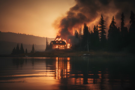 Burning house on the shore of a lake in the mountains.の素材