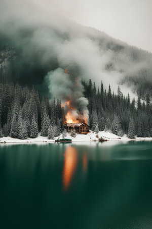 Burning house on the lake in the Carpathians, Ukraineの素材