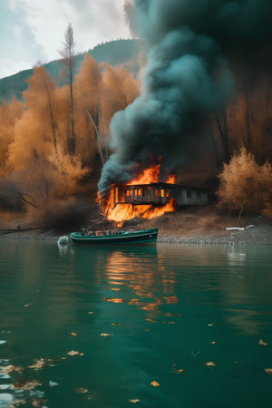 Burning house on the bank of the lake with a boat.の素材