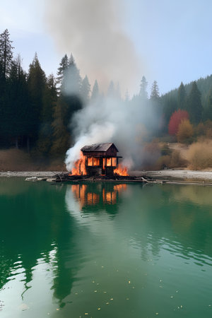 Wooden house on a lake in the forest. Autumn landscape.の素材