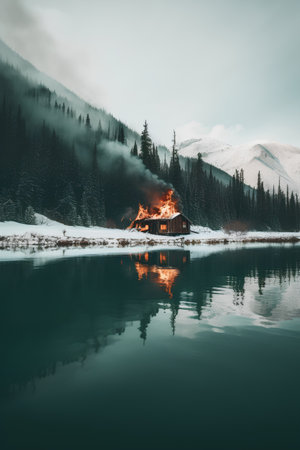 Mountain lake with a wooden house in the middle of the forestの素材