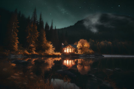 Mountain lake at night with a wooden house on the shore. Beautiful autumn landscape.の素材