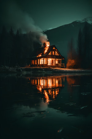 Beautiful wooden house on the shore of a lake at night in the mountainsの素材
