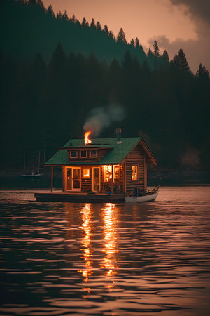 Wooden house on the lake at sunset in a beautiful summer eveningの素材