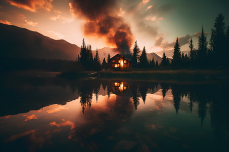 Mountain lake with house in the forest at sunset. Beautiful natural landscape.の素材