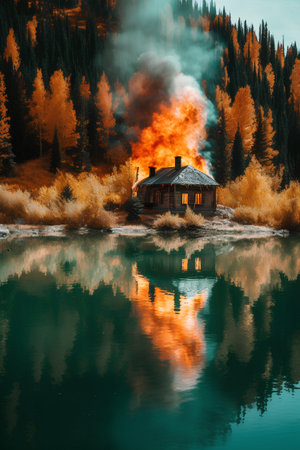 Burning house on the shore of the lake. Autumn landscape.の素材