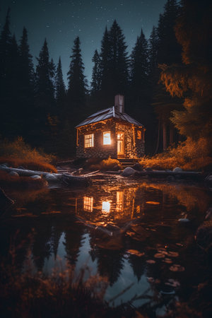 Wooden house in the forest at night with reflection in the waterの素材