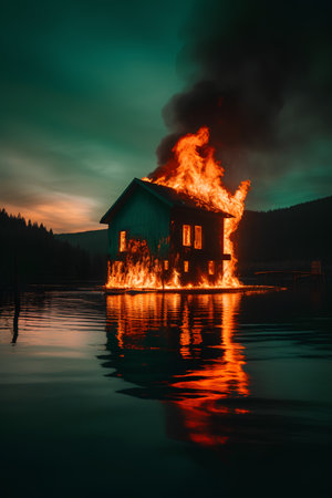 Burning house on a lake at sunset. Fire in the house.の素材