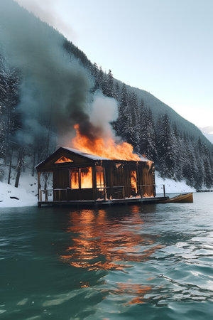 Flaming house on the lake in the mountains, winter landscapeの素材