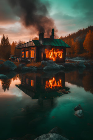 Beautiful wooden house on the lake in the forest at sunset.の素材