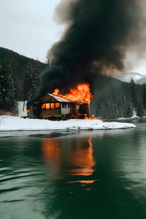 Burning house on the shore of lake in winter. Fire in the mountains.の素材