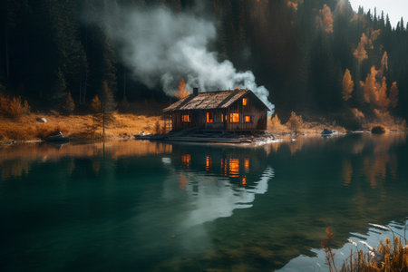 Beautiful wooden house on the lake in the mountains at sunrise.の素材