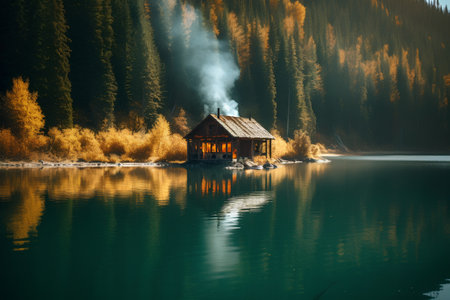Autumn alpine landscape. Wooden house on the lake shore.の素材