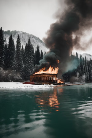 Burning house in the middle of the lake. Conceptual image.の素材