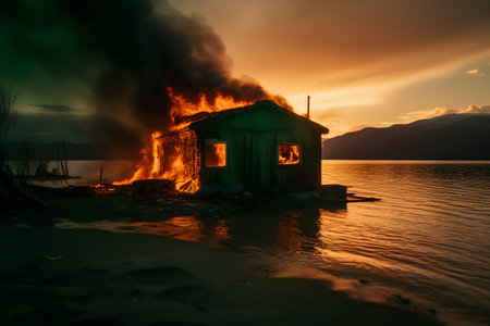 Burning house on the shore of Lake Tahoe at sunset.の素材
