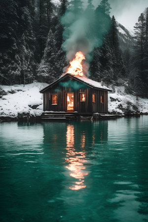 Flaming house on a lake in the Alps, Austria.の素材