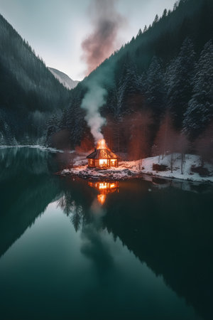 Fantastic winter landscape with a house on the shore of the lake.の素材
