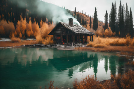 Old wooden house in the mountains. Lake in the autumn forest.の素材