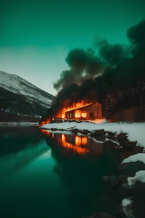 Mountain lake with a house at night in the mountains. Beautiful winter landscapeの素材
