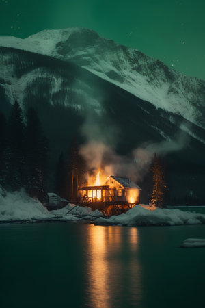 Mountain house in the middle of the lake at night in winterの素材