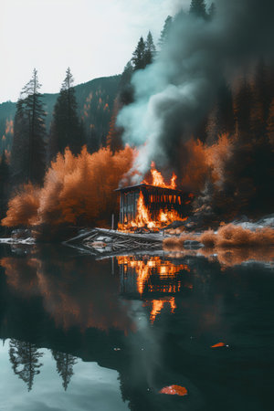 Fire in the forest on the shore of the lake. Beautiful autumn landscape.の素材