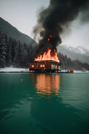 Burning house on the lake in the mountains. The concept of ecological disaster.の素材