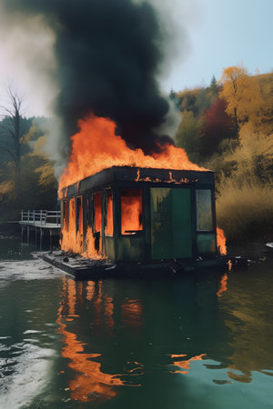 Burning house on the bank of the river. Conceptual image.の素材