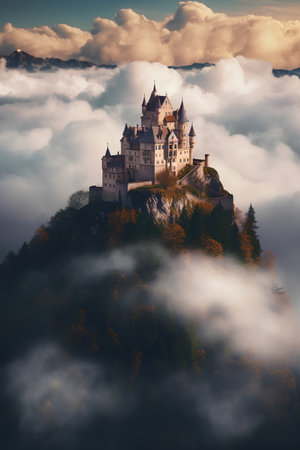 Beautiful medieval castle on the hill over the clouds in the morning.の素材