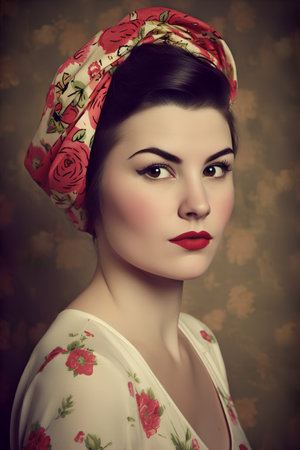 Beautiful young woman with retro hairstyle and floral headscarfの素材