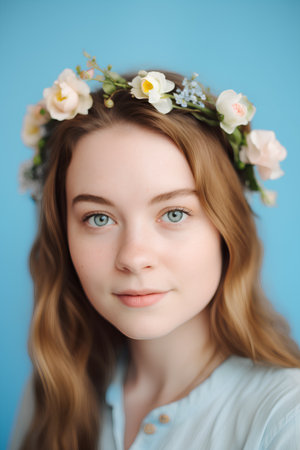 Portrait of a beautiful girl in a wreath of flowers on a blue backgroundの素材