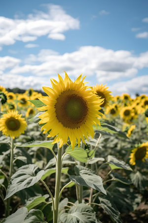 Sunflower field with blue sky and white clouds. Sunflower natural background.の素材