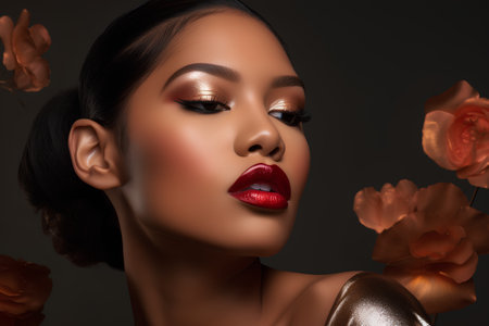Fashion portrait of beautiful asian woman with red lips and makeup.の素材