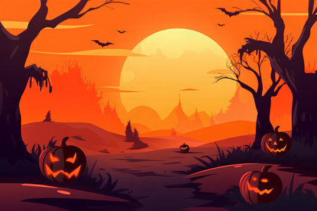 Halloween night landscape with pumpkins, trees and bats. Vector illustrationの素材
