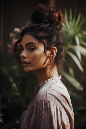 Fashion portrait of young beautiful asian woman in the garden.の素材