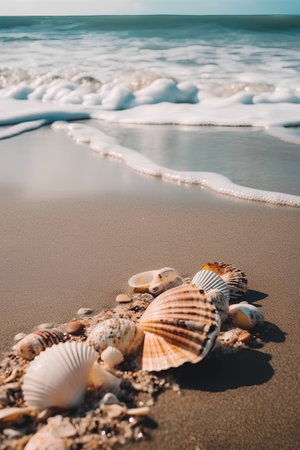 Seashells on the sandy beach with sea waves in the backgroundの素材