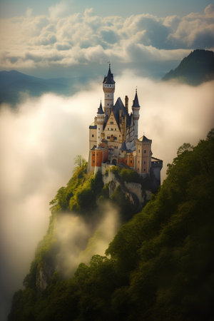 Foggy morning view of the medieval castle in the mountains.の素材