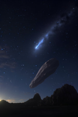 Milky way over rock and starry sky. 3D renderingの素材