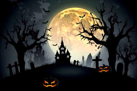Halloween background with cemetery, full moon and pumpkins. Vector illustration.の素材