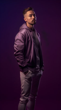 Handsome young man in a stylish purple jacket. Studio fashion portrait.の素材