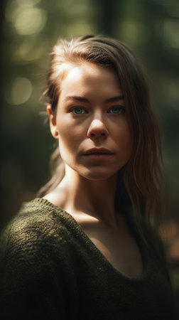 Portrait of a beautiful young woman with blue eyes in the forestの素材