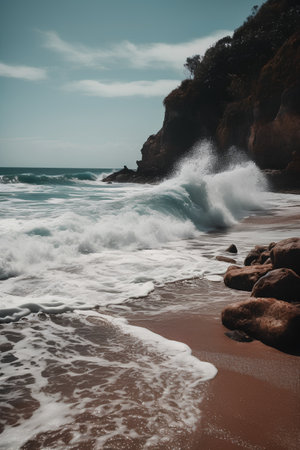 Beautiful seascape with waves crashing on the rocks. Toned.の素材