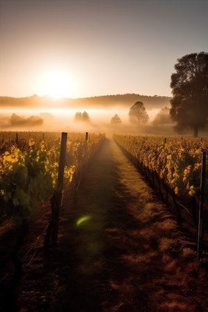 Vineyard in the morning light with fog in the background.の素材