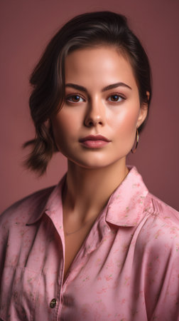 Portrait of a beautiful young woman in pink shirt. Studio shot.の素材