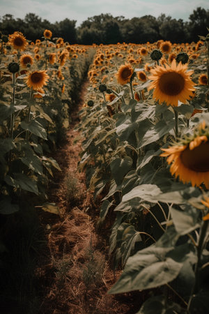 Sunflower field in the countryside. Rural landscape. Vintage style.の素材