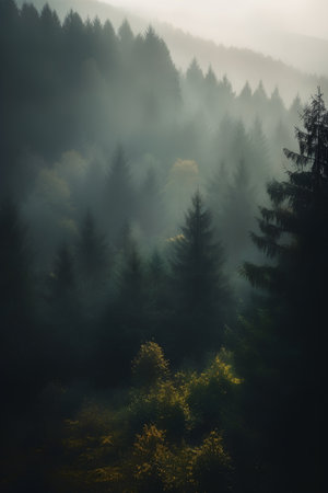 Foggy forest in the mountains. Beautiful autumn landscape with fog.の素材
